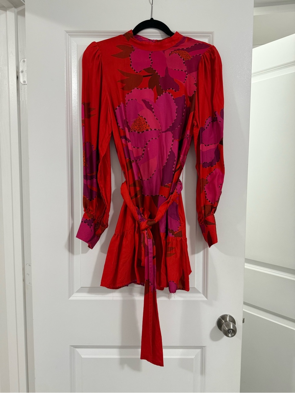 FARM Rio Red and Pink Floral Long-Sleeve Mini Dress